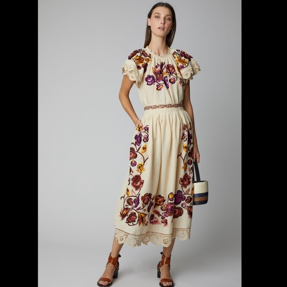 ULLA JOHNSON Yana Embroidered Linen And Cotton-Blend Midi Skirt - Picture 5 of 14